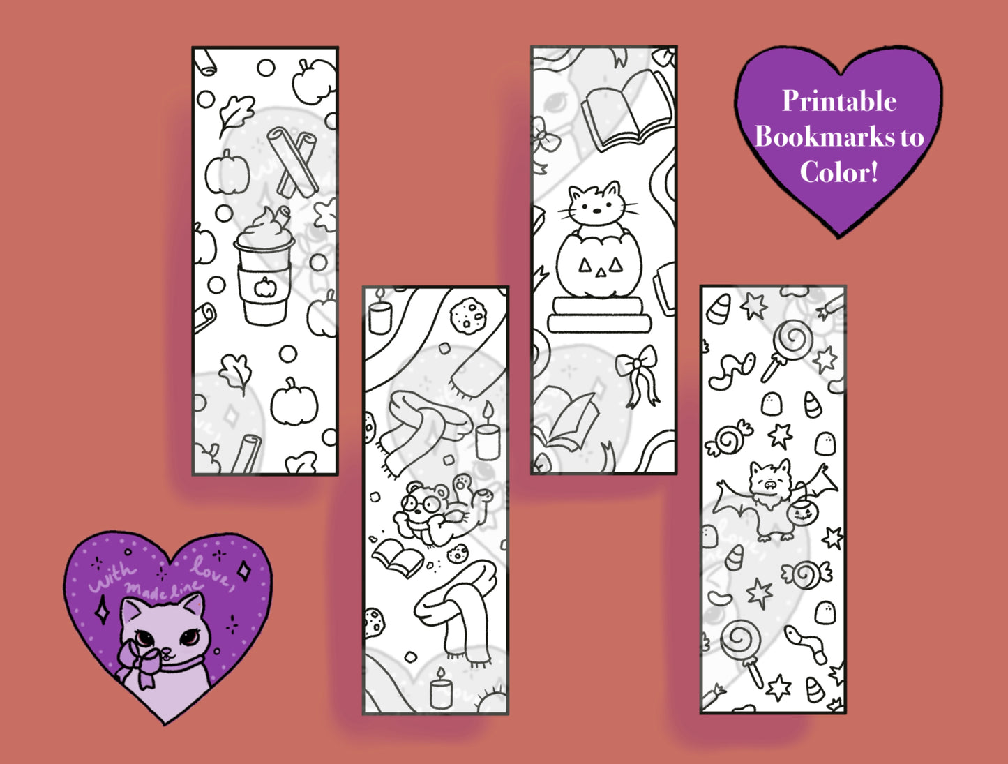 Printable Autumn Coloring Bookmarks - Set of 4